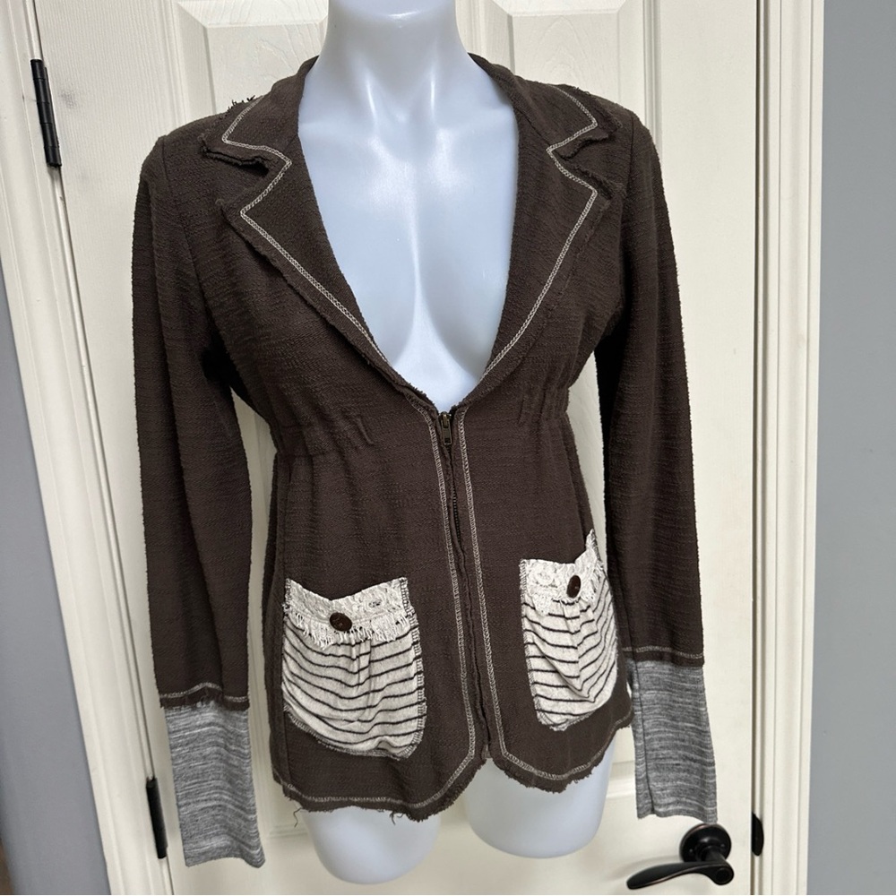 Anthropology Scrapbook Brown Zip Front Sweater Jacket with Contrast Pockets